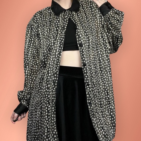 80s 90s Y2K Bohemian Witchy Black and White Stars Button Up Womens Size x large - Picture 7 of 11